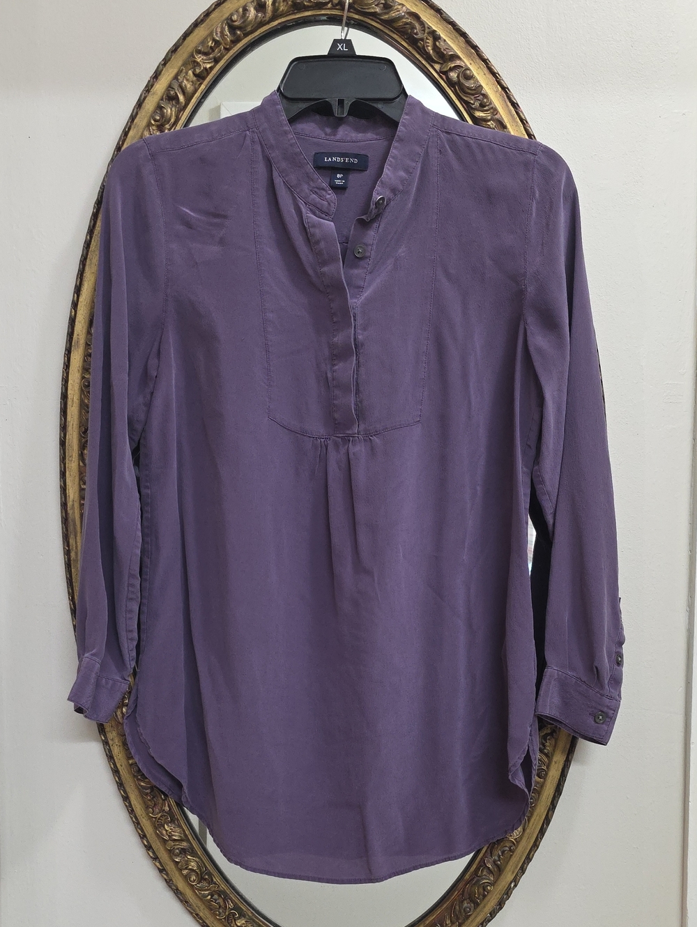 Lands End 100% Silk Womens Purple Long Sleeve Mandarin Collar Blouse Size 8P